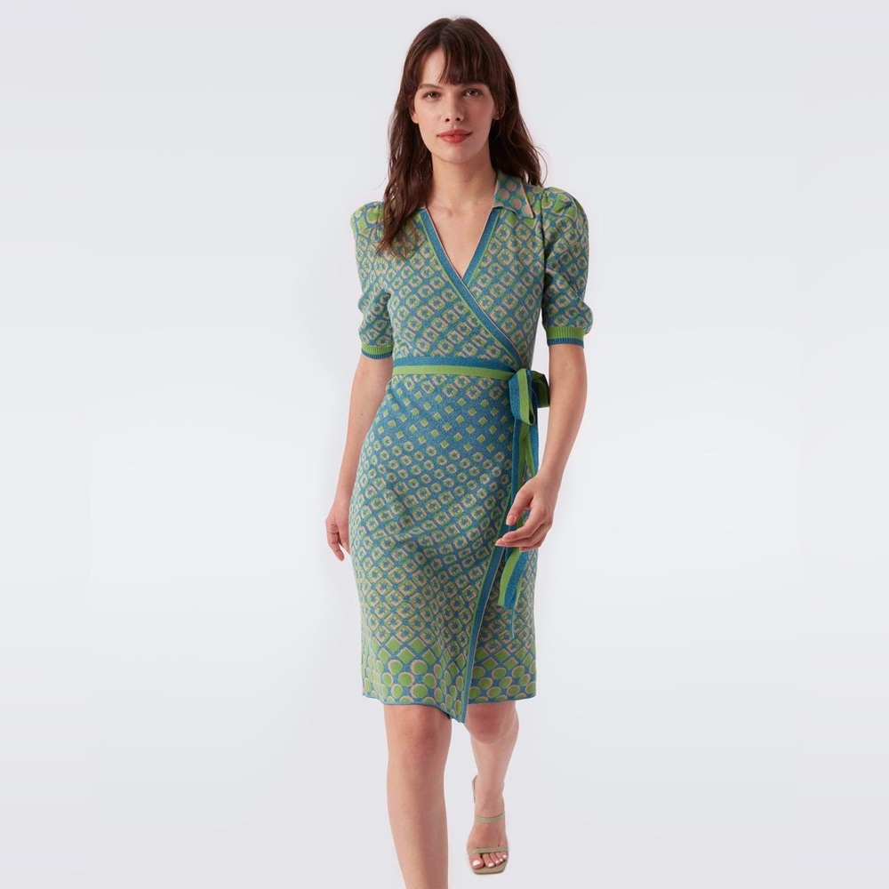 NWOT Diane Von Furstenberg CARLO COTTON-BLEND MINI WRAP DRESS IN LIGHT GREEN